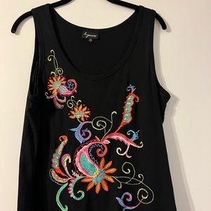 Black Lynne Ritchie sleeveless top with beautiful colorful embroidery, size L